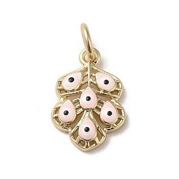 Brass Enamel Pendants, with Jump Ring, Real 18K Gold Plated, Leaf with Evil Eye Charm, Pink, 17x11.5x3.2mm, Hole: 3.8mm