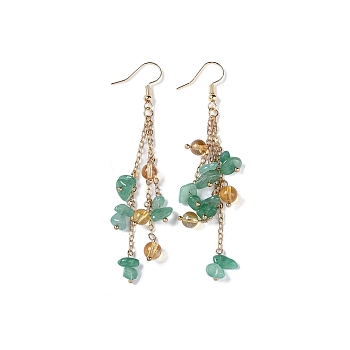 Golden Plated Brass Dangle Earrings, with Natural Green Aventurine Chips, Jewely for Women, 80~84mm