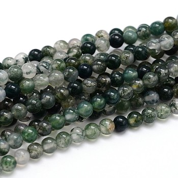 Natural Moss Agate Round Bead Strands, 6mm, Hole: 1mm, about 64pcs/strand, 16 inch