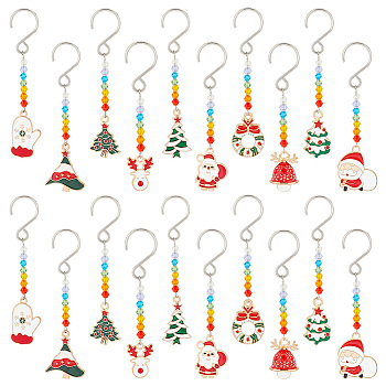 Christmas Theme Alloy Enamel Pendant Decorations, with Glass Beads and Stainless Steel S-Hook Clasps, Mixed Shapes, Mixed Color, 67~78mm, 10 style, 2pcs/style, 20pcs/set