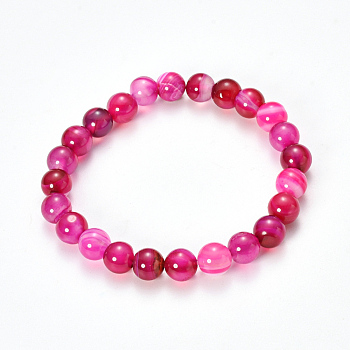 Natural Striped Agate/Banded Agate Beaded Stretch Bracelets, Dyed, Round, Camellia, 2-1/8 inch(55mm)