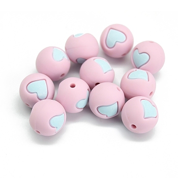 Round with Heart Pattern Food Grade Silicone Beads, Chewing Beads For Teethers, DIY Nursing Necklaces Making, Misty Rose, 15mm