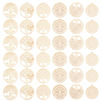 Elite 36Pcs 6 Style Brass Pendants, Etched Metal Embellishments, Flat Round with Tree of Life & Flower, Light Gold, 30~32x27~30x0.3~0.4mm, Hole: 1.8mm, 6pcs/style