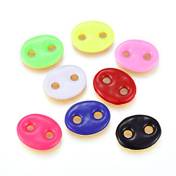 Brass Buttons, with Enamel, Real 18K Gold Plated, Long-Lasting Plated, 2-Hole, Oval, Mixed Color, 19.5x15x3mm, Hole: 3mm
