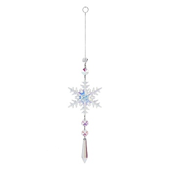 AB Color Glass Snowflake Pendant Decorations, Glass Charms and Iron Ring Suncatcher Window Hanging Ornament, Cone, 325mm