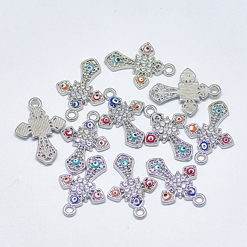 Alloy Pendants, with Crystal Rhinestone and Colorful Enamel, Cross with Evil Eye, Platinum, 21x15x2mm, Hole: 1.8mm