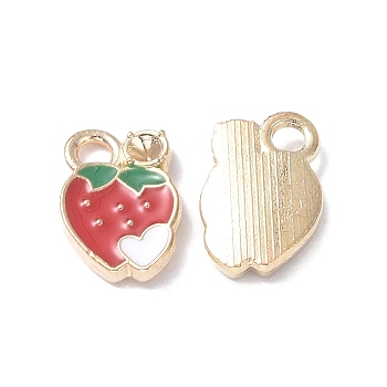 Alloy Enamel Charms, Lead Free & Cadmium Free, Light Gold, Strawberry Charm, Red, 13.5x9x2.5mm, Hole: 2mm