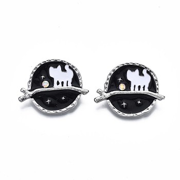Flat Round with Cat Enamel Pin with Rhinestone, Alloy Brooch for Backpack Clothes, Nickel Free & Lead Free, Platinum, Black, 31x39mm