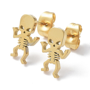 304 Stainless Steel Stud Earrings, Skeleton, Golden, 12x8mm