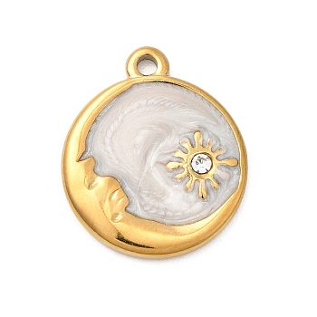 304 Stainless Steel Enamel Pendants, Flat Round & Moon, with Rhinestone, Ion Plating(IP), Golden, 21x18x2.5mm, Hole: 1.8mm
