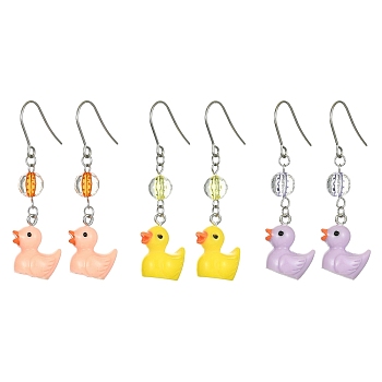 3 Pair 3 Color Resin Duck Dangle Earrings, 304 Stainless Steel Drop Earrings for Women, Mixed Color, 55x17.5mm, 1 Pair/color