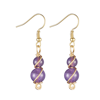 Natural Amethyst Dangle Earrings, with Copper Wire and Golden Plated Brass Earring Hooks, Round, 43mm, Pin: 0.8mm