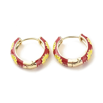 Daisy Flower Enamel Hoop Earrings, Gold Plated Brass Hinged Earrings for Women, Dark Red, 20x22x5mm, Pin: 0.9mm