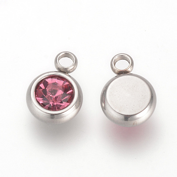 201 Stainless Steel Rhinestone Charms, Flat Round, Rose, 8.5x6x3mm, Hole: 1.5mm