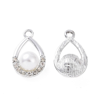Alloy Crystal Rhinestone Pendants, with ABS Plastic Imitation Pearl Bead, Teardrop Charms, Platinum, 21x13.5x9mm, Hole: 2.5mm