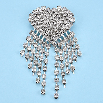 Crystal Rhinestone Heart with Tassel Lapel Pin, Creative Brass Badge for Backpack Clothes, Silver, 81x39x10mm, Pin: 0.7mm
