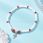 304 Stainless Steel Tiny Charm Bracelets, Glass Seed Bead & Natural Red Jasper Beads Stretch Bracelets for Women Men, Heart & Cross, Red, Inner Diameter: 2.20 inch(5.6cm)(BJEW-MZ00325-02)
