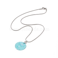 Natural Shell Flat Round Pendant Necklace with Round Snake Chains, 304 Stainless Steel Jewelry for Women, Stainless Steel Color, 17.72 inch(45cm)(NJEW-JN04219)