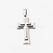 304 Stainless Steel Cross Pendants, Stainless Steel Color, 45x26.5mm, Hole: 8x5mm(STAS-M185-33P)