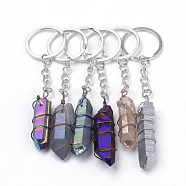 Rainbow Plated Natural Crystal Quartz Keychain, with Iron Findings, Nuggets, Mixed Color, 102~116mm(KEYC-S252-16)
