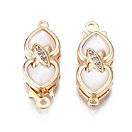 Brass Micro Pave Clear Cubic Zirconia Fishhook Clasps, with Shell, Nickel Free, Heart with Cross, Real 18K Gold Plated, 21.5x8x4.5mm, Hole: 1.2mm(X-KK-Q278-003-NF)