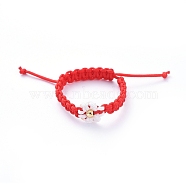 Adjustable Nylon Cord Braided Bead Rings, with Brass Round Beads, Red, 20~28mm(RJEW-JR00303-05)