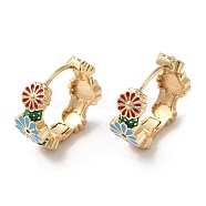 Real 18K Gold Plated Brass Flower Hoop Earrings, with Enamel, Red, 19x8.5mm(EJEW-L268-023G-01)