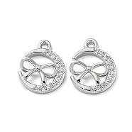 Brass Micro Pave Cubic Zirconia Charms, Moon with Bowknot, Real Platinum Plated, 13x10x2.5mm, Hole: 1.2mm(KK-H460-58P)