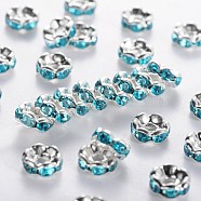 Brass Rhinestone Spacer Beads, Grade A, Blue Rhinestone, Silver Color Plated, Nickel Free, about 6mm in diameter, 3mm thick, hole: 1mm(RSB028NF-13)