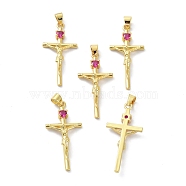 Brass Cubic Zirconia Pendants, Long-Lasting Plated, Lead Free & Cadmium Free, Real 18K Gold Plated, Cross with Jesus, Hot Pink, 33x16x4mm, Hole: 3x4mm(KK-B047-27G)