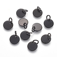 304 Stainless Steel Charms, Stamping Blank Tag, with Jump Rings, Flat Round, Electrophoresis Black, 8x0.7mm, Hole: 3.5mm(STAS-I124-01C-B)