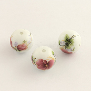 Flower Picture Glass Beads, Round, Flamingo, 12x11mm, Hole: 1.5mm(GFB-R002-12mm-02)