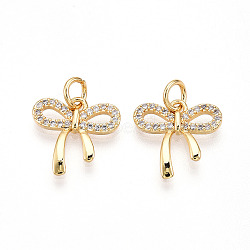 Brass Micro Pave Cubic Zirconia Charms, Bowknot, with Jump Ring, Real 18K Gold Plated, 13.5x13.5x2mm, Hole: 3.5mm(KK-N257-43G)