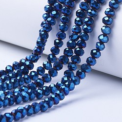 Electroplate Transparent Glass Beads Strands, Full Plated, Faceted, Rondelle, Blue Plated, 4x3mm, Hole: 0.4mm, about 123~127pcs/strand, 16.5~16.9 inch(42~43cm)(EGLA-A034-T4mm-UA02)