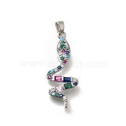 Brass Micro Pave Cubic Zirconia Pendants, Snake Charms, Real Platinum Plated, 33x13.5x3.5mm, Hole: 4x2.5mm(KK-M318-33P)