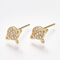 Brass Micro Pave Cubic Zirconia Stud Earring Findings, with Loop, Planet, Clear, Nickel Free, Real 18K Gold Plated, 7.5x9.5mm, Hole: 0.8mm, Pin: 0.7mm(KK-S350-027G)