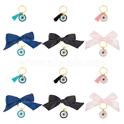 Evil Evil Enamel Pendant Keychain, with Tassels & Bowknot & Brass Tiny Cross Pendant, Iron Key Rings for Car Key Bag Decoration , Mixed Color, 5.4~6cm, 2style, 3pcs/style, 6pcs/set(KEYC-AB00004)