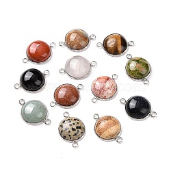 Natural & Synthetic Mixed Gemstone Connector Charms, Half Round Links, with Stainless Steel Color Tone 304 Stainless Steel Findings, 18x25.5x7mm, Hole: 2mm(G-D059-01B)
