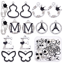 SUNNYCLUE 35Pcs 7 Style UV Plated Alloy Rhinestone Pendants, with Enamel, Resin and ABS Plastic Imitation Pearl, Cadmium Free & Lead Free, Safety Pin & Flat Round & Butterfly & Gourd & Letter E & M & Star, Platinum, 13.5~26x11~18x2~7mm, hole: 1.6~2.5mm, 5pcs/style(FIND-SC0002-81)