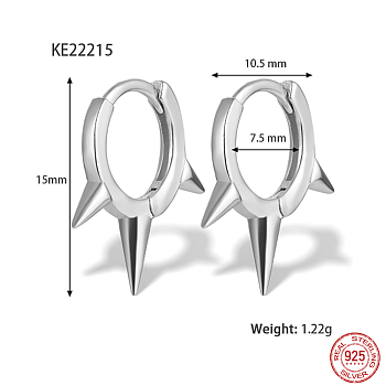 Rhodium Plated 925 Sterling Silver Hoop Earrings, Spike, with S925 Stamp, Platinum, 15x10.5mm