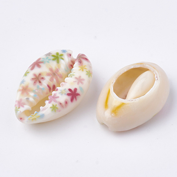 Printed Natural Cowrie Shell Beads, No Hole/Undrilled, Colorful, 20~25x14~16x5~7mm