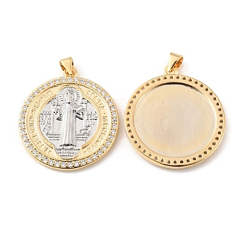 Rack Plating Brass Micro Pave Cubic Zirconia Pendants, Cadmium Free & Lead Free, Long-Lasting Plated, Flat Round with Saint Benedict Charm, Religion Theme, Real 18K Gold Plated & Platinum, 30x27x2.5mm, Hole: 4.2x3.4mm