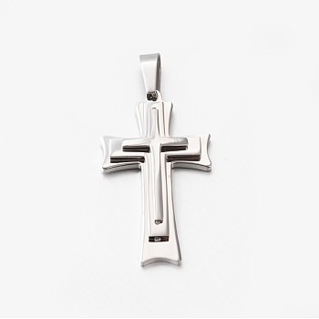 304 Stainless Steel Cross Pendants, Stainless Steel Color, 45x26.5mm, Hole: 8x5mm