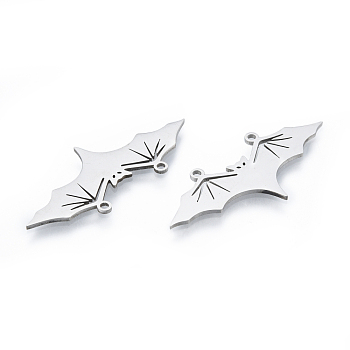 201 Stainless Steel Pendants, Bat, Halloween Style, Stainless Steel Color, 16x39x1mm, Hole: 1.4mm