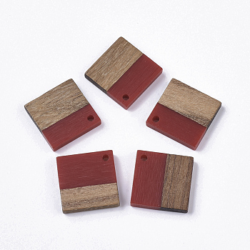 Resin & Walnut Wood Pendants, Rhombus, Dark Red, 24x24x3~4mm, Hole: 2mm