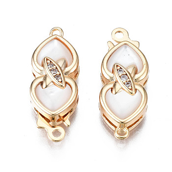 Brass Micro Pave Clear Cubic Zirconia Fishhook Clasps, with Shell, Nickel Free, Heart with Cross, Real 18K Gold Plated, 21.5x8x4.5mm, Hole: 1.2mm