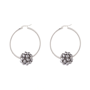 Ball Beaded Big Hoop Earrings, Glass Earrings for Women, Silver, 58x45.5x2mm, Pin: 1.5mm