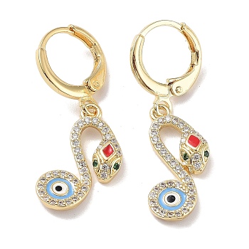 Real 18K Gold Plated Brass Dangle Leverback Earrings, with Enamel and Cubic Zirconia, Snake with Evil Eye, Colorful, 31x12mm