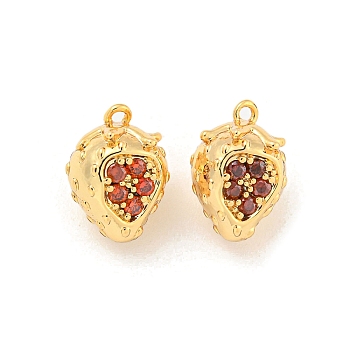 Brass Micro Pave Cubic Zirconia Pendants, Real 18K Gold Plated, Red, Strawberry, 11x8x8mm, Hole: 1mm