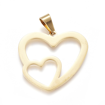 304 Stainless Steel Pendants, Large Hole Pendants, Double Heart, Golden, 31x33x1mm, Hole: 9mm